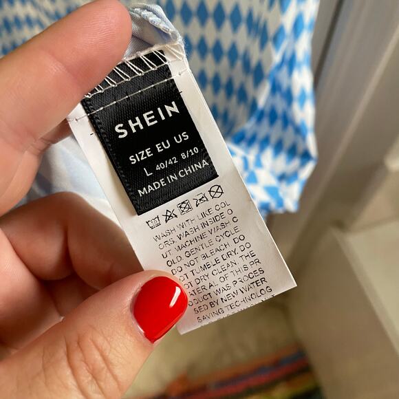 SHEIN • Blue + White Argyle Diamond Print Bohemian Light Maxi Dress - Picture 6 of 8